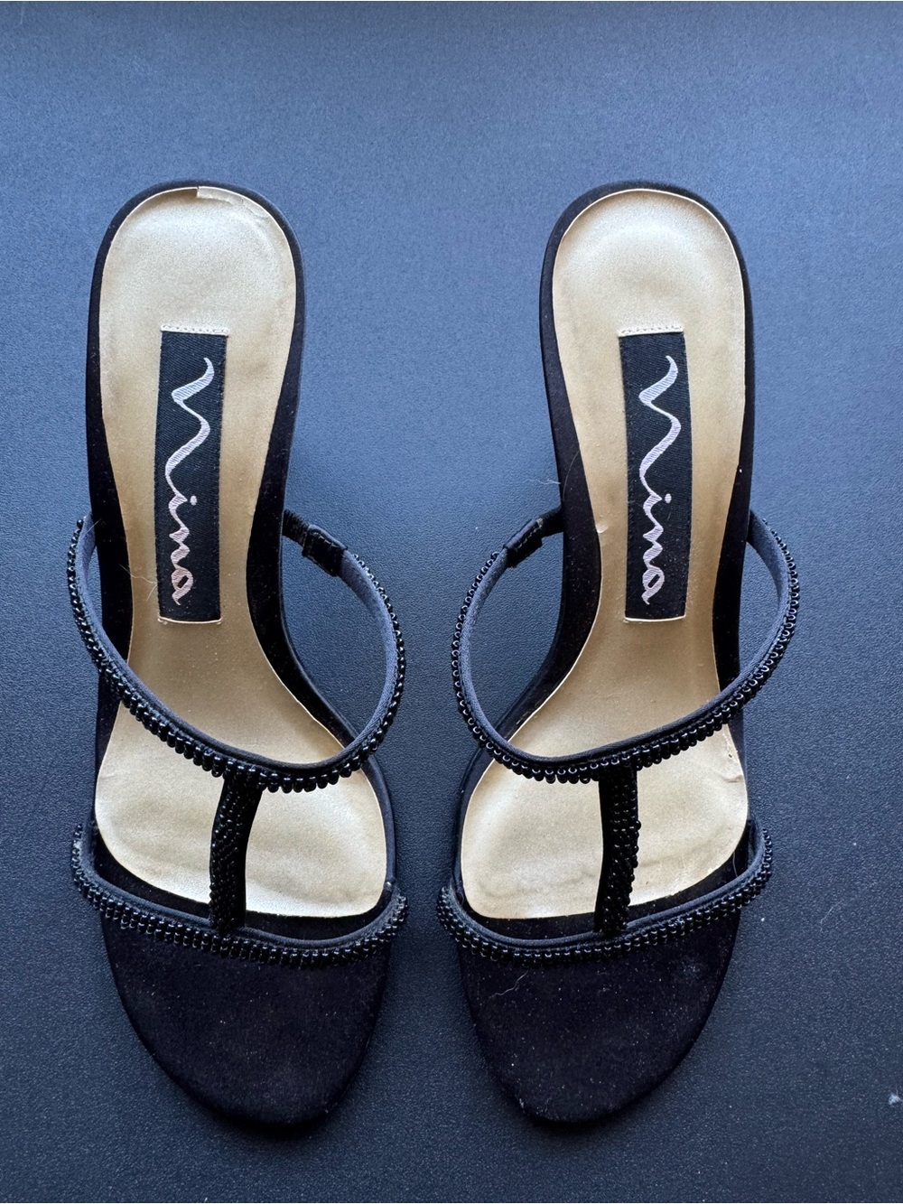 Nina Black Beaded T-Strap Slide Heels
